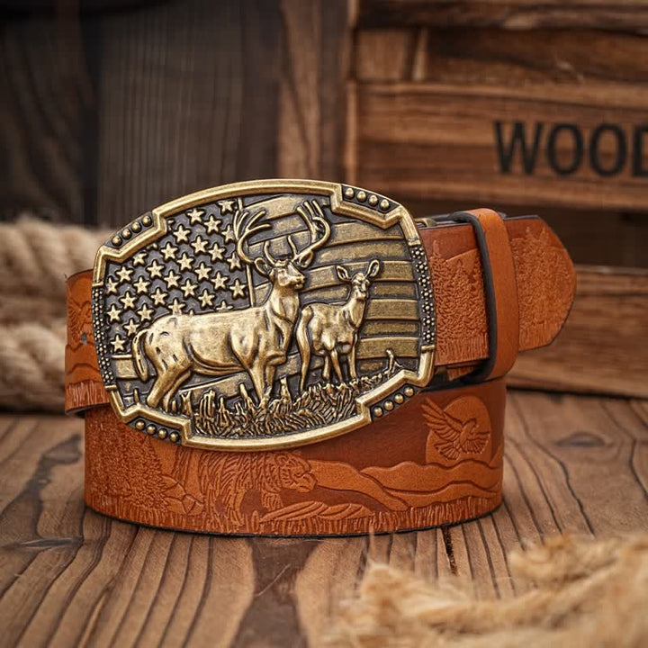 Deer Decoration Flag Background Embossed Pattern Leather Belt