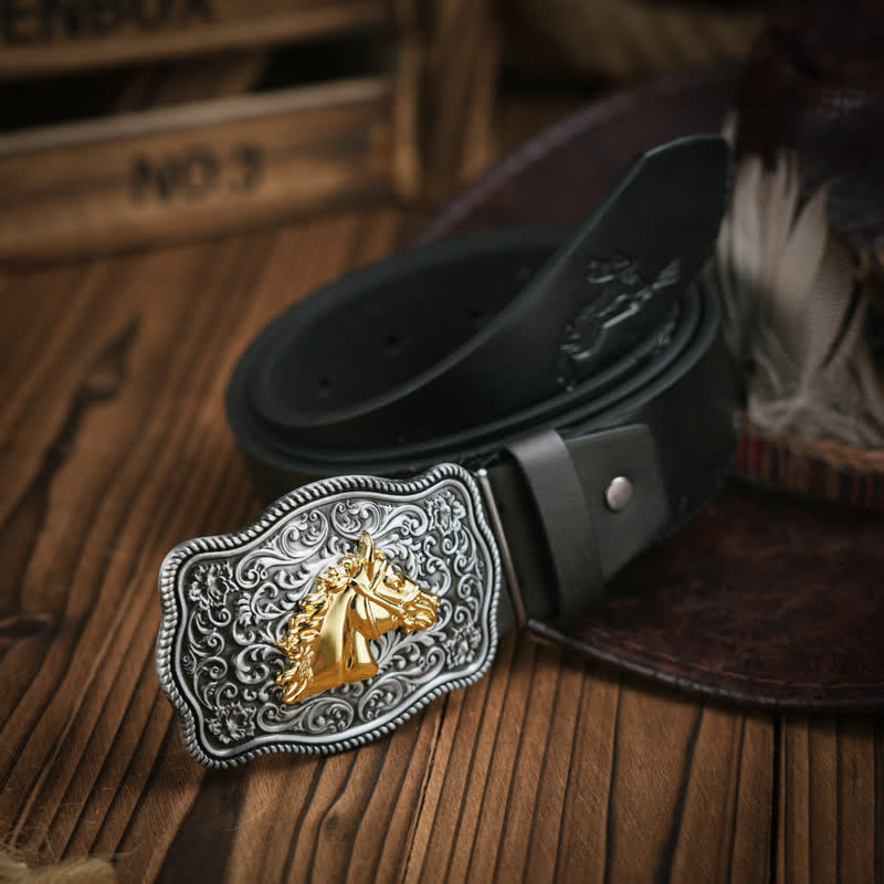 Cowboy Style Golden Horse Head Embossed Pattern Leather Belt