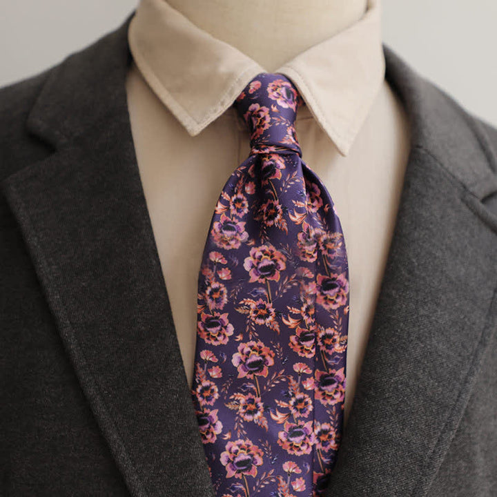 Men's Elegant Dark Purple Pink Floral Wedding Necktie