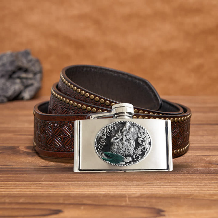 Men's DIY 3oz. Howling Wolf Leather Belt with Hidden Flask