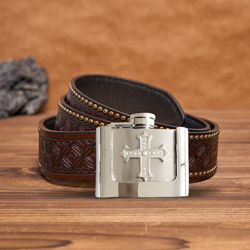 Men's DIY 2oz. Cross Rhinestone Leather Belt with Hidden Flask