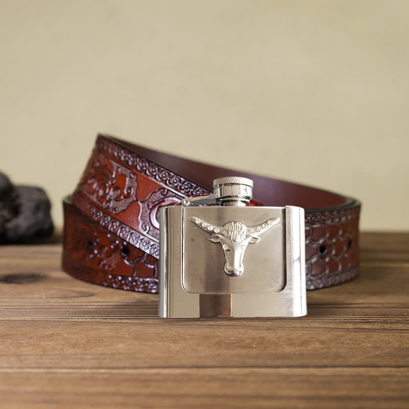 Men's DIY 2oz. Bull Head Leather Belt with Hidden Flask