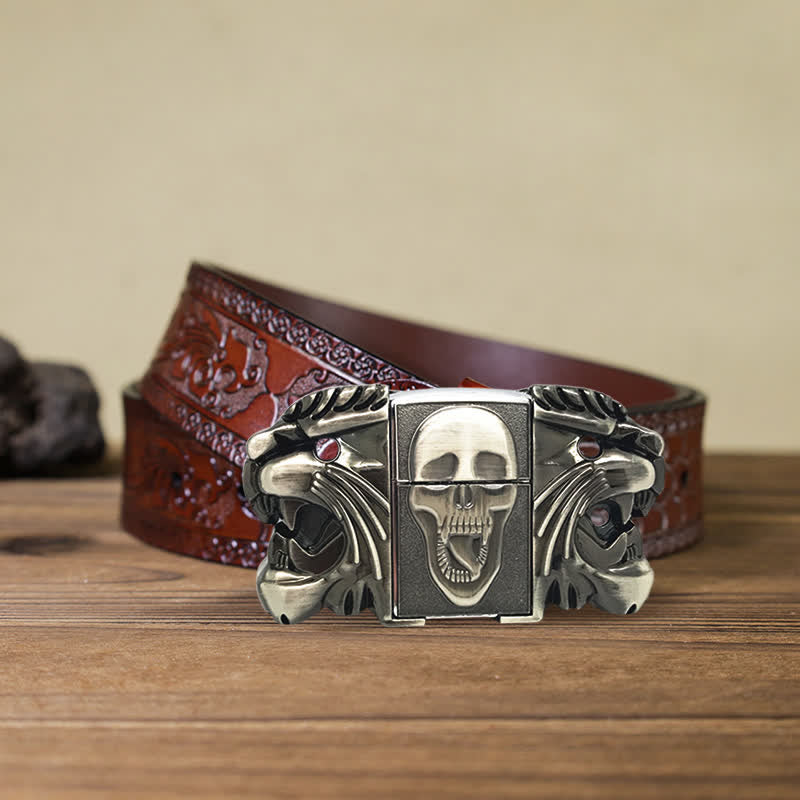 Men's DIY Bold Skull Head Leather Belt with Hidden Lighter