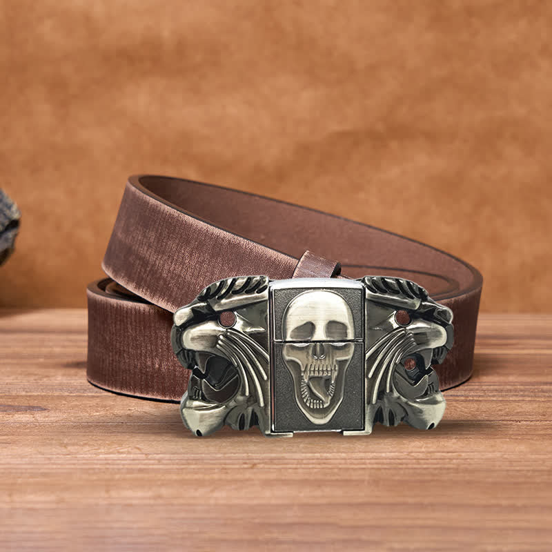 Men's DIY Bold Skull Head Leather Belt with Hidden Lighter