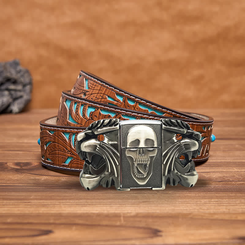 Men's DIY Bold Skull Head Leather Belt with Hidden Lighter