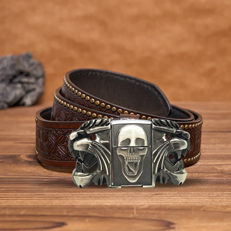 Men's DIY Bold Skull Head Leather Belt with Hidden Lighter