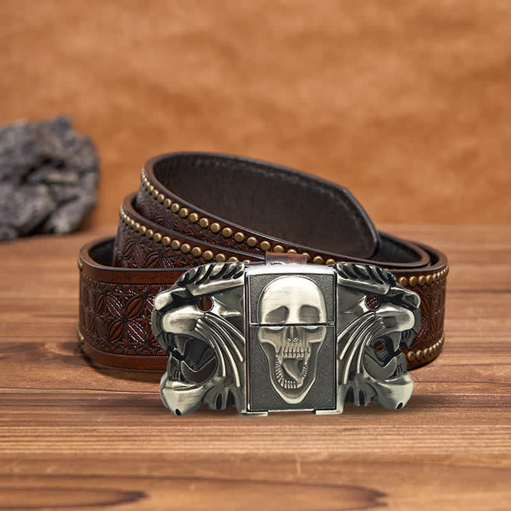 Men's DIY Bold Skull Head Leather Belt with Hidden Lighter