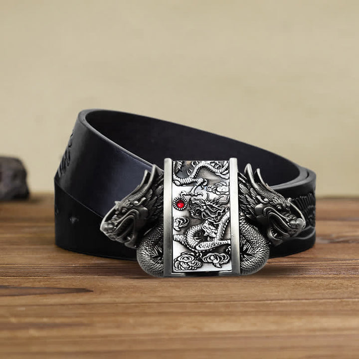 Men's DIY Antique Silver Dual Dragon Leather Belt with Hidden Lighter - Dragon - Black Embossed Eagle Belt - 42 - image 6