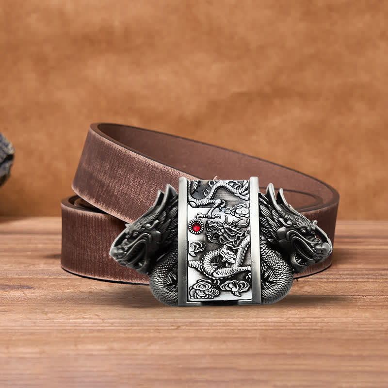 Men's DIY Antique Silver Dual Dragon Leather Belt with Hidden Lighter