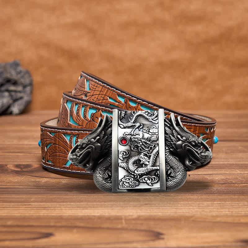 Men's DIY Antique Silver Dual Dragon Leather Belt with Hidden Lighter