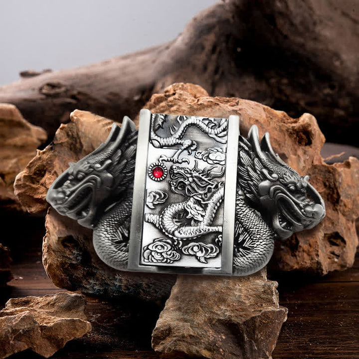 Men's DIY Antique Silver Dual Dragon Leather Belt with Hidden Lighter