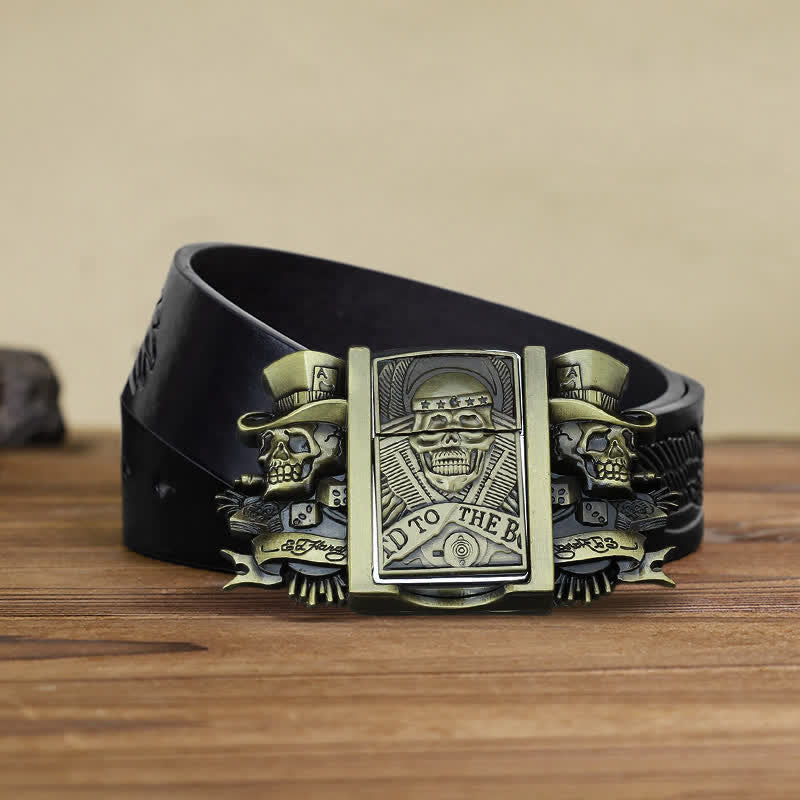 Men's DIY Triple Joker Skulls Bronze Leather Belt with Hidden Lighter