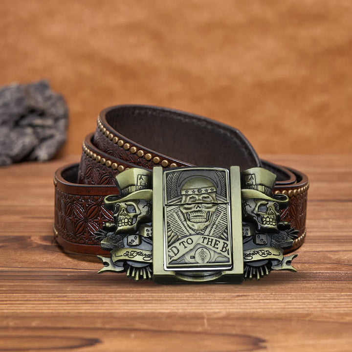 Men's DIY Triple Joker Skulls Bronze Leather Belt with Hidden Lighter