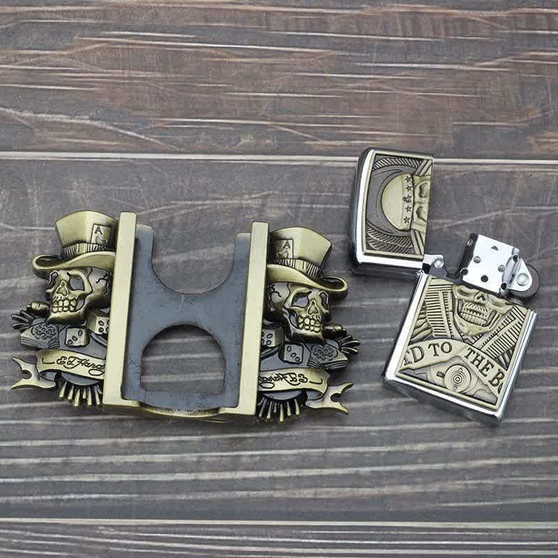 Men's DIY Triple Joker Skulls Bronze Leather Belt with Hidden Lighter