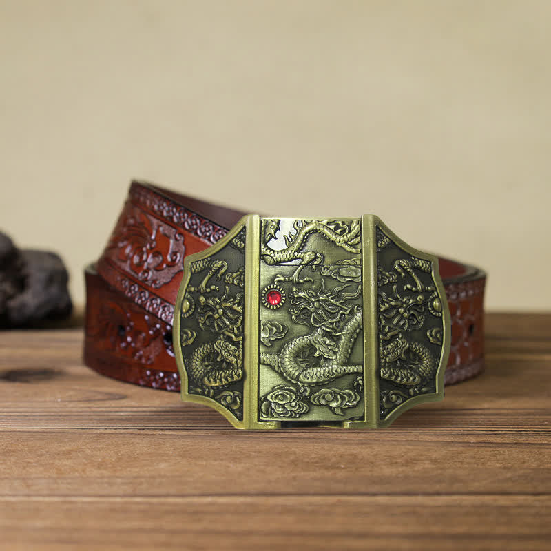 Men's DIY Bronze Dragon Leather Belt with Hidden Lighter