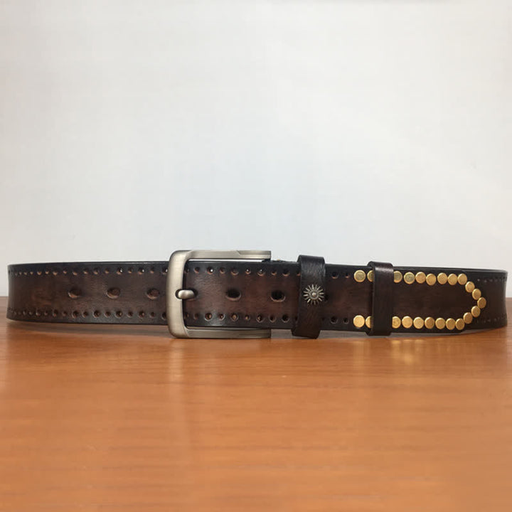 Vintage Retro Bronze Circle Rivets Studded Leather Belt