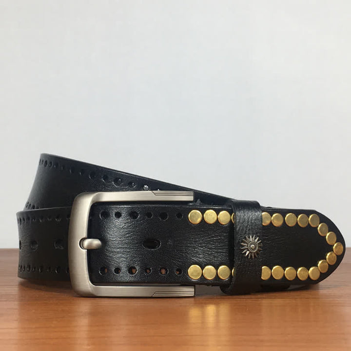 Vintage Retro Bronze Circle Rivets Studded Leather Belt