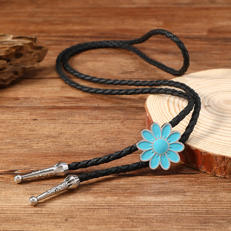 Blue Enameled Oval Flowers Triangle Bolo Tie