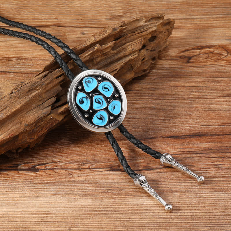 Blue Enameled Oval Flowers Triangle Bolo Tie