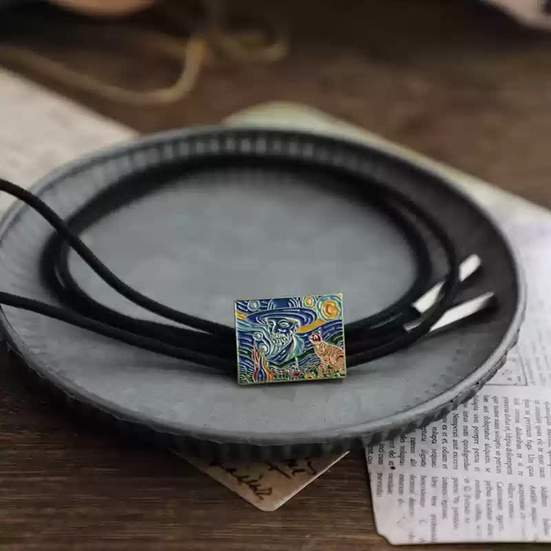 Starry Night Cat Coloful Enameled Bolo Tie