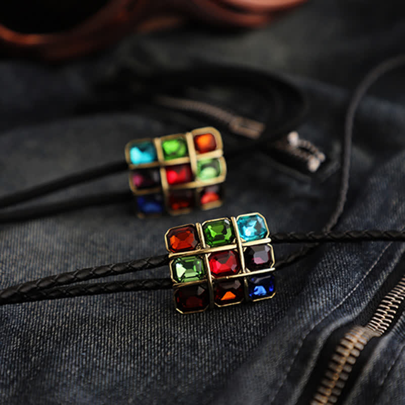 Geometric Mosaic Cube Gemstone Bolo Tie