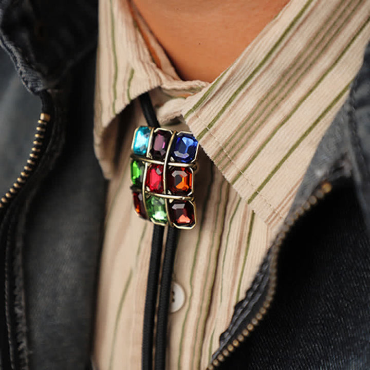 Geometric Mosaic Cube Gemstone Bolo Tie