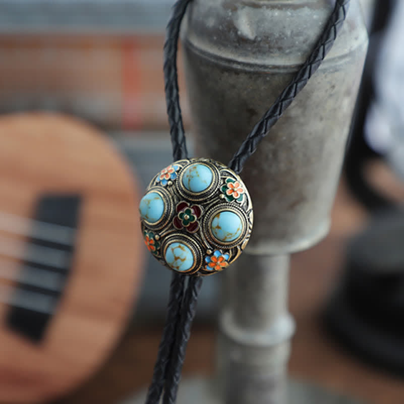 Ancient Blue Turquoise Enamel Flower Bolo Tie