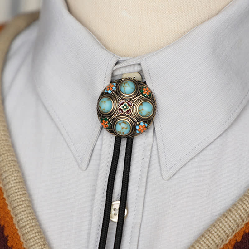 Ancient Blue Turquoise Enamel Flower Bolo Tie