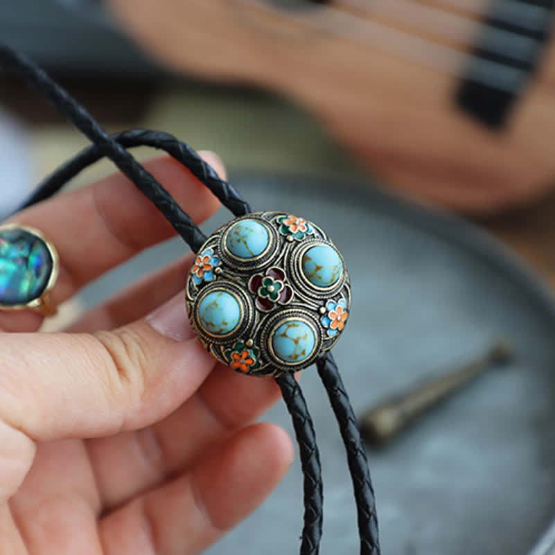 Ancient Blue Turquoise Enamel Flower Bolo Tie