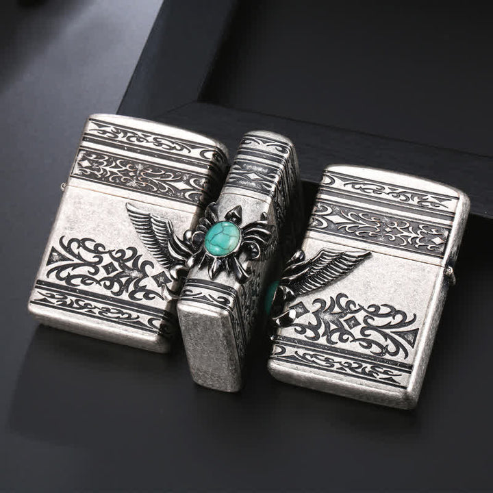 Eagle Wings Turquoise Inlaid Refillable Kerosene Lighter