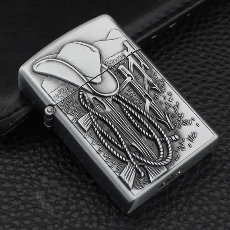 Western Scene Cowboy Hat Refillable Butane Lighter - Silver - image 1