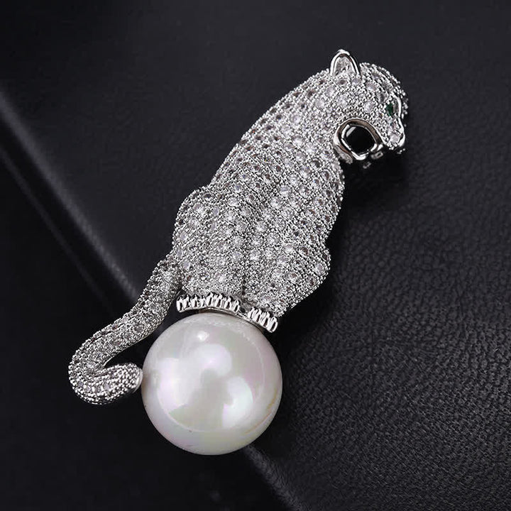 Unisex Leopard Shiny Zircon Faux Pearl Decoration Brooch