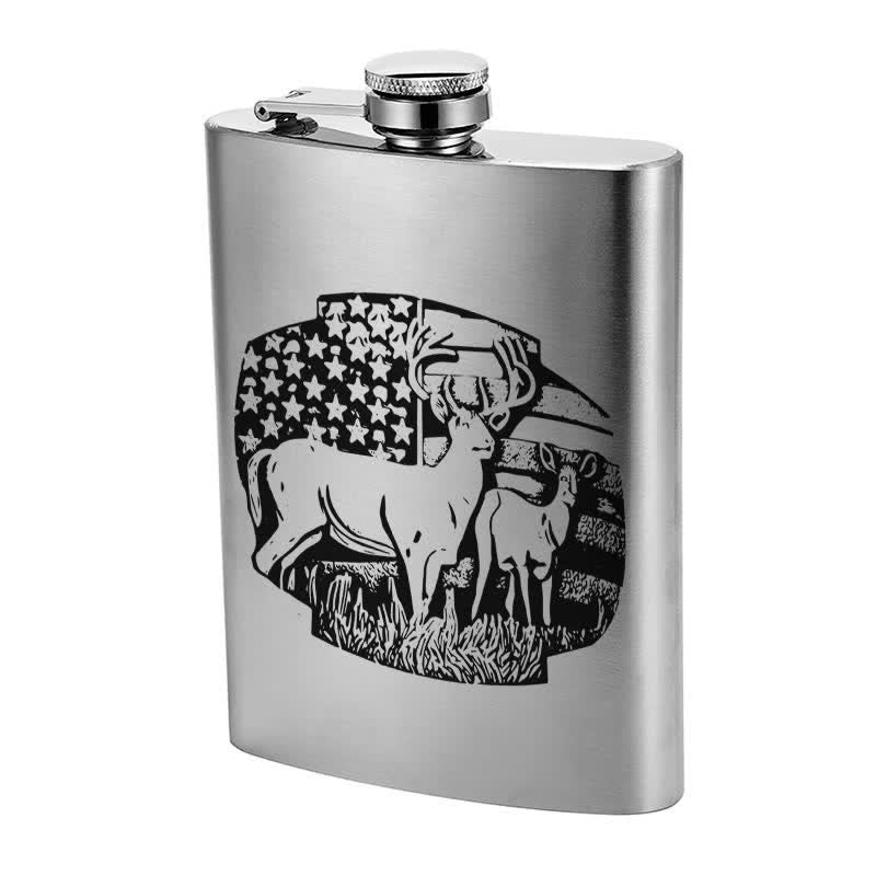 2-10 oz Deers USA Flag Laser Pattern Stainless Steel Portable Flask