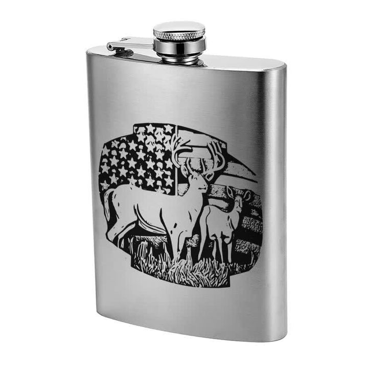 2-10 oz Deers USA Flag Laser Pattern Stainless Steel Portable Flask