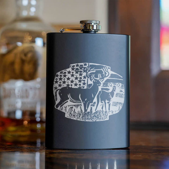 2-10 oz Deers USA Flag Laser Pattern Stainless Steel Portable Flask