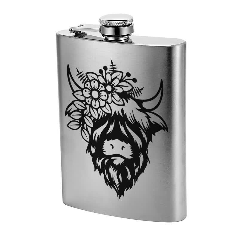 2-10 oz Cow with Flowers Laser Pattern Stainless Steel Portable Flask