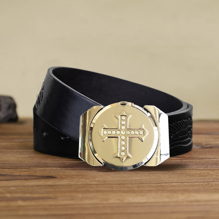 Men's DIY Cross Rhinestone Bronze Leather Belt with Hidden Lighter