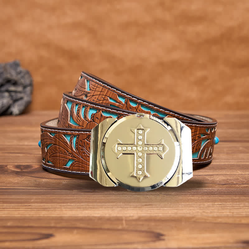 Men's DIY Cross Rhinestone Bronze Leather Belt with Hidden Lighter