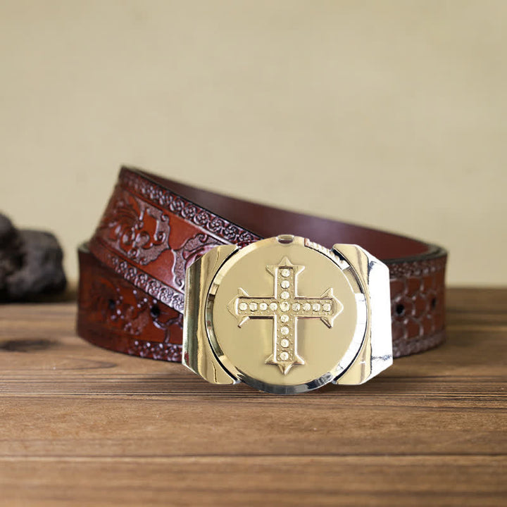 Men's DIY Cross Rhinestone Bronze Leather Belt with Hidden Lighter