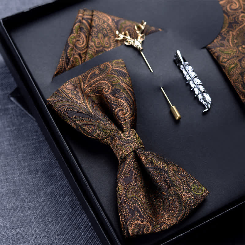 5Pcs Men's Dark Brown & Black Paisley Bow Ties Gift Box