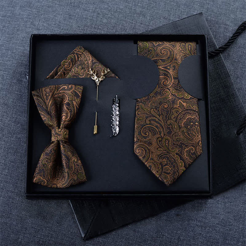 5Pcs Men's Dark Brown & Black Paisley Bow Ties Gift Box