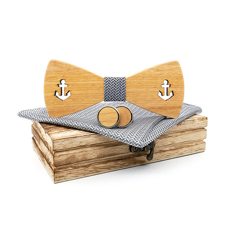 3Pcs Men's Hollow Boat Anchor Wooden Bow Tie Set