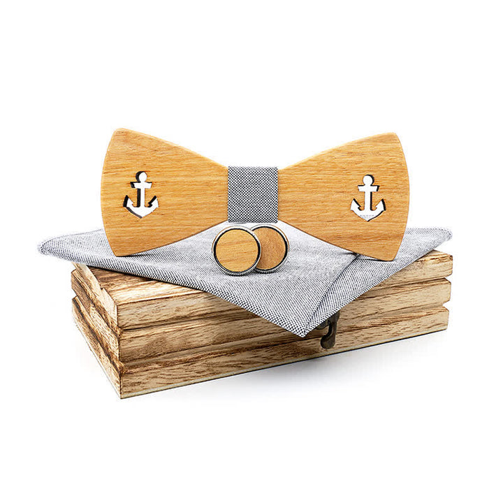 3Pcs Men's Hollow Boat Anchor Wooden Bow Tie Set