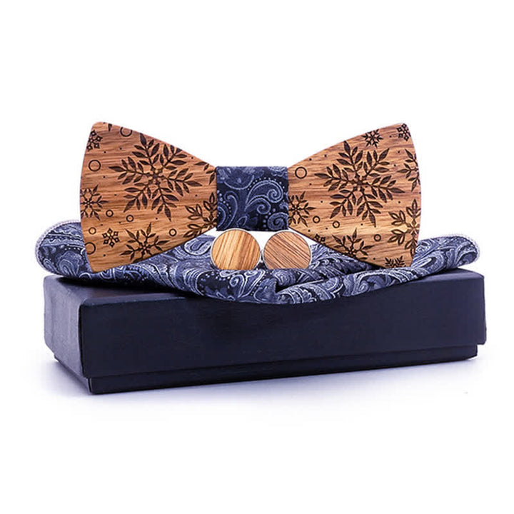 3Pcs Men's Winter Snowflakes Print Wooden Bow Tie Set