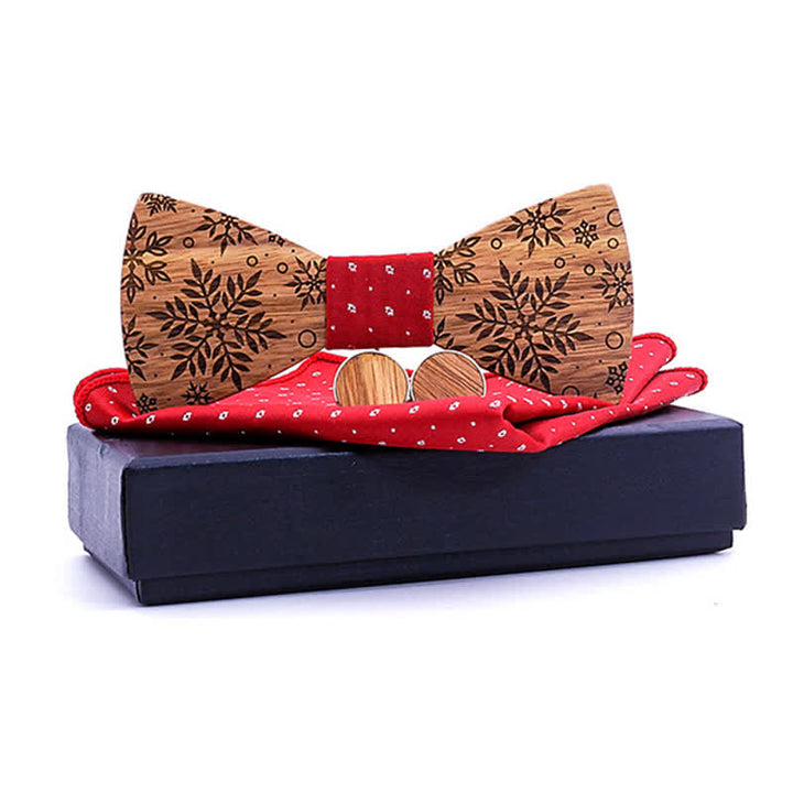 3Pcs Men's Winter Snowflakes Print Wooden Bow Tie Set