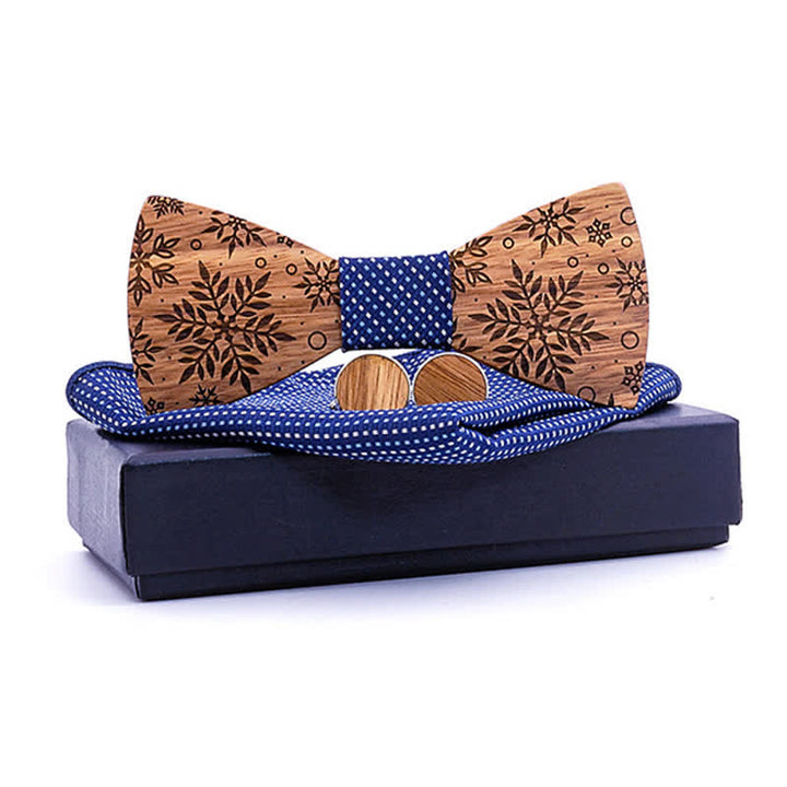 3Pcs Men's Winter Snowflakes Print Wooden Bow Tie Set