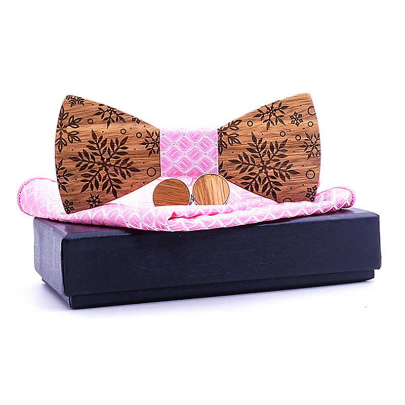 3Pcs Men's Winter Snowflakes Print Wooden Bow Tie Set