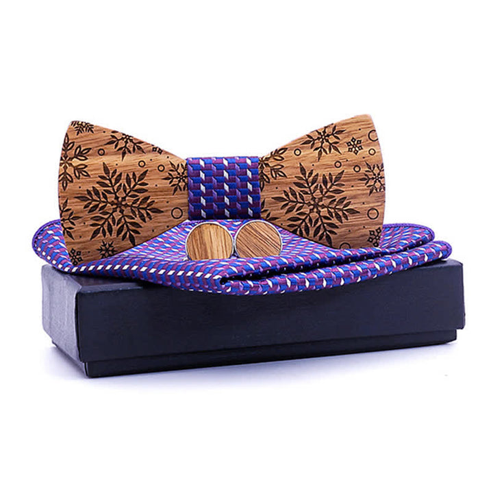 3Pcs Men's Winter Snowflakes Print Wooden Bow Tie Set