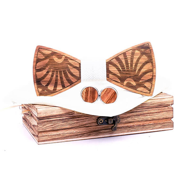 3Pcs Men's Dandelion Carved Solid Wooden Bow Tie Set