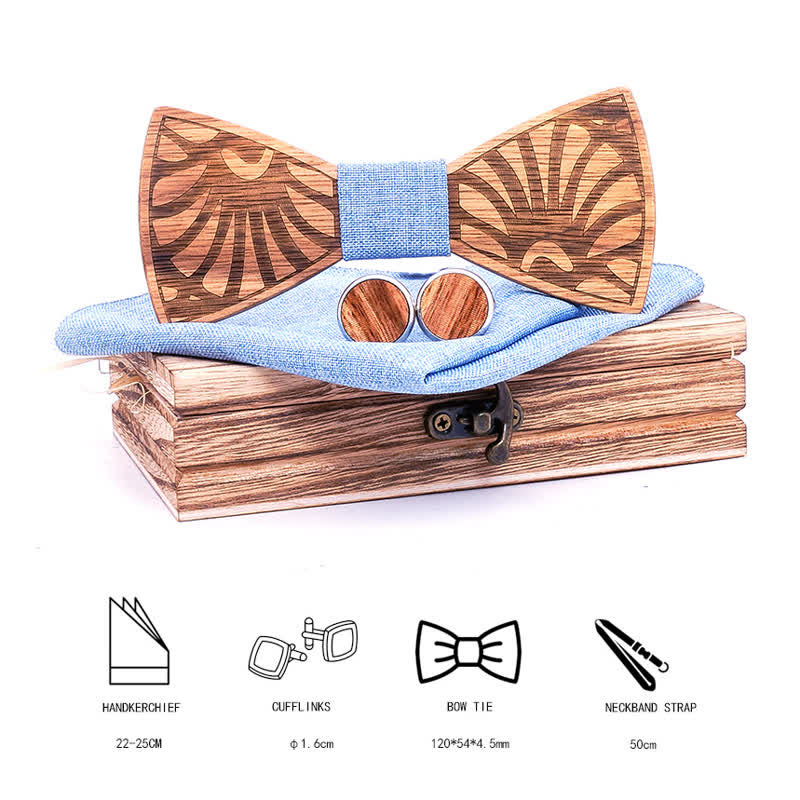 3Pcs Men's Dandelion Carved Solid Wooden Bow Tie Set